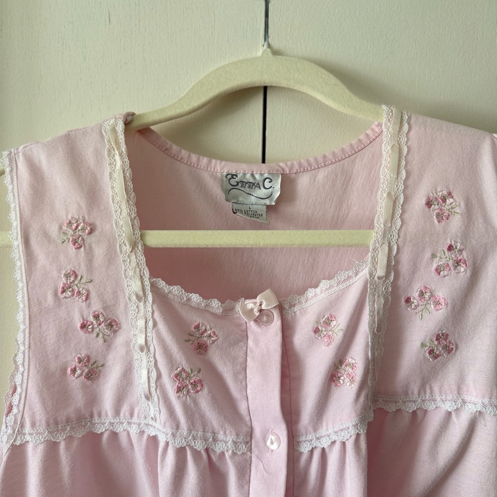 Vintage CottageCore Pajama Set Pink Embroidered Lace Bow Ribbon Coquette - Picture 2 of 8